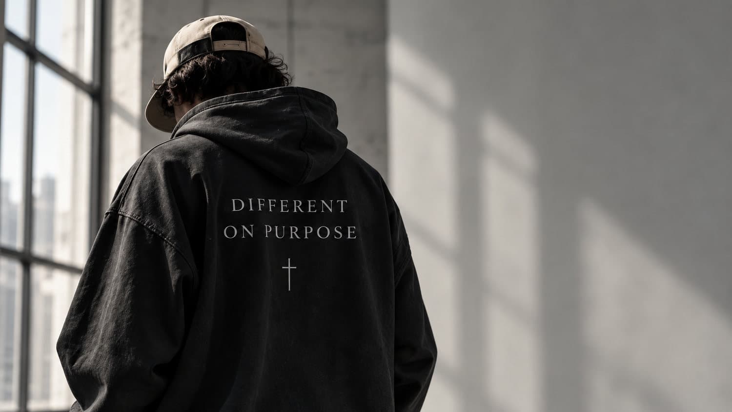 Person in a black hoodie facing a window, with Different on Purpose printed on the back