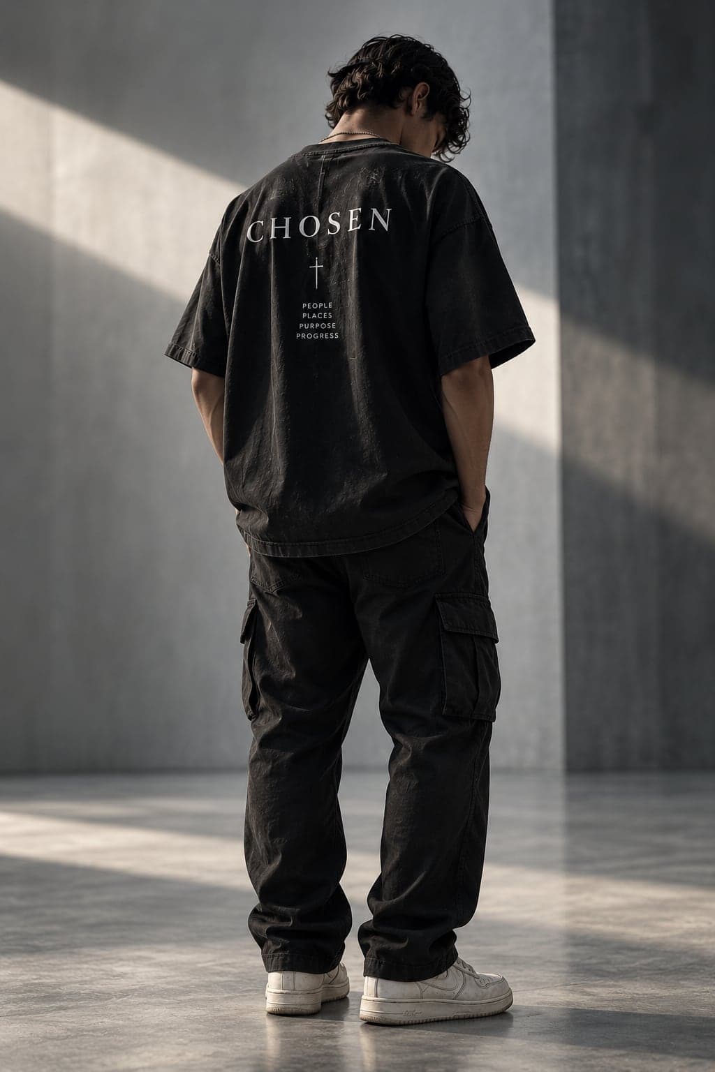 Model seen from behind in a black CHOSEN tee and cargo trousers